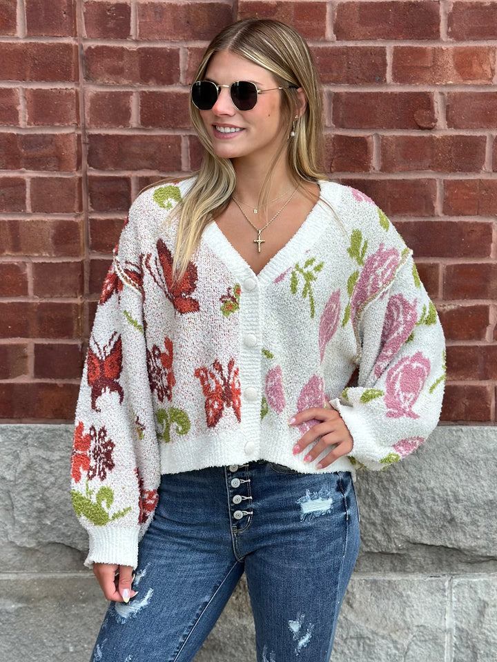 POL Butterfly Blossom Button-Down Cardigan