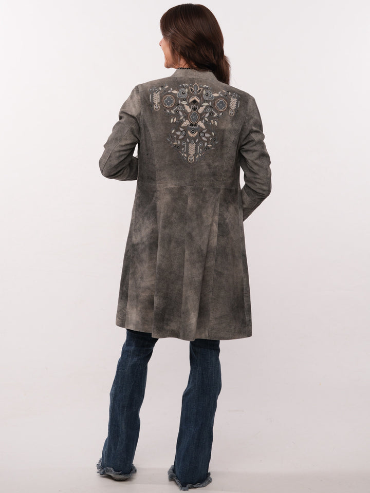 Floral Embroidery Leather Knee Length Jacket