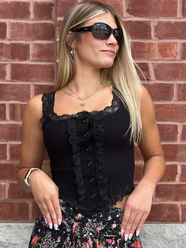 Scalloped Lace Trim Corset Knit Tank Top