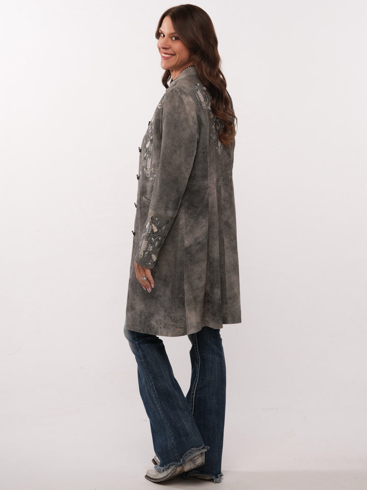 Floral Embroidery Leather Knee Length Jacket