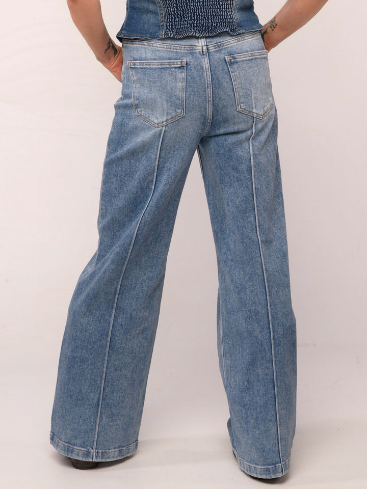 Risen High Waist Wide Leg Pintuck Jeans