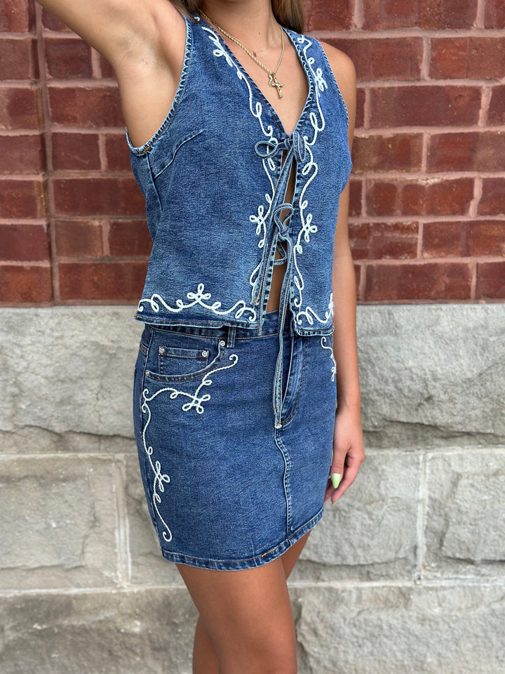 Embroidery Detail Front Tie Denim Vest
