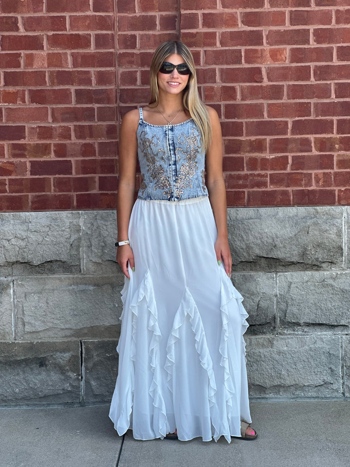 Floral Sequin Stitched Corset Denim Tank