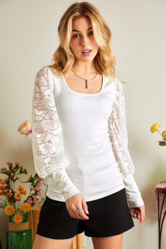 Lace Puff Long Sleeve Top - Salt and Grace Boutique