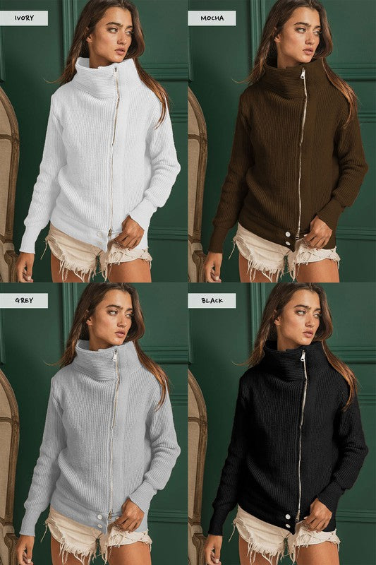 Front Zip High Neck Sweater Jacket - Salt and Grace Boutique