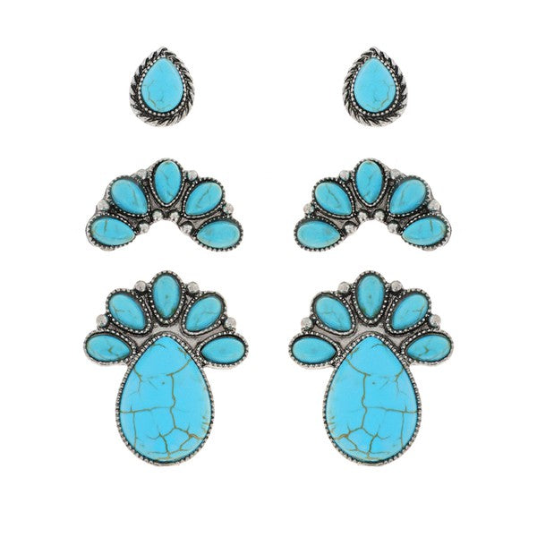 3 Piece Set Turquoise Stud Earrings