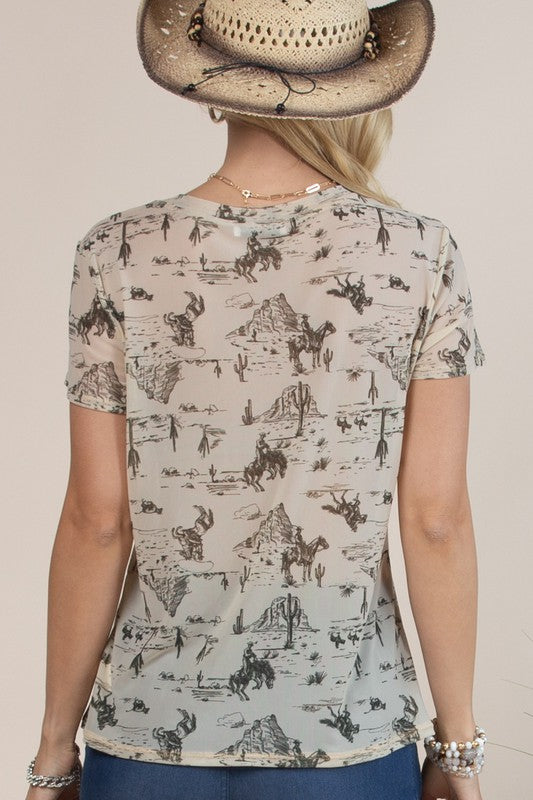 Cowboy Travel Print Mesh Top - Salt and Grace Boutique
