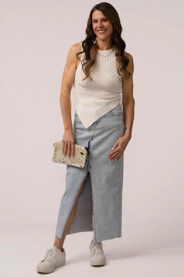 Risen High Rise Crossover Denim Maxi Skirt