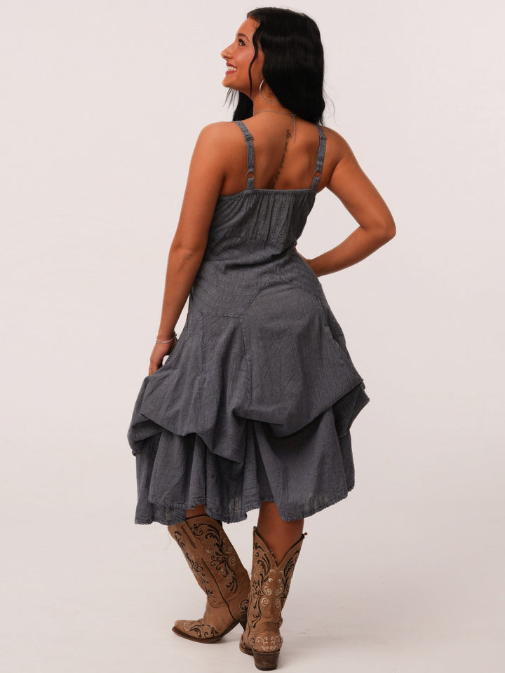 Adjustable Strap Floral Embroidery MIDI Dress