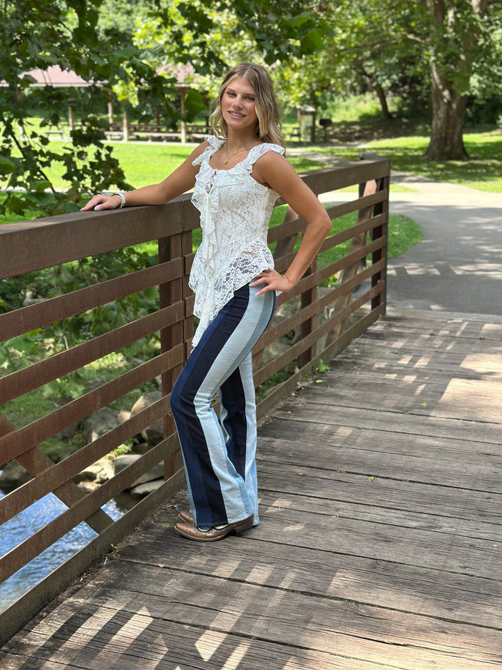 Striped Denim Color Block Flare Jeans