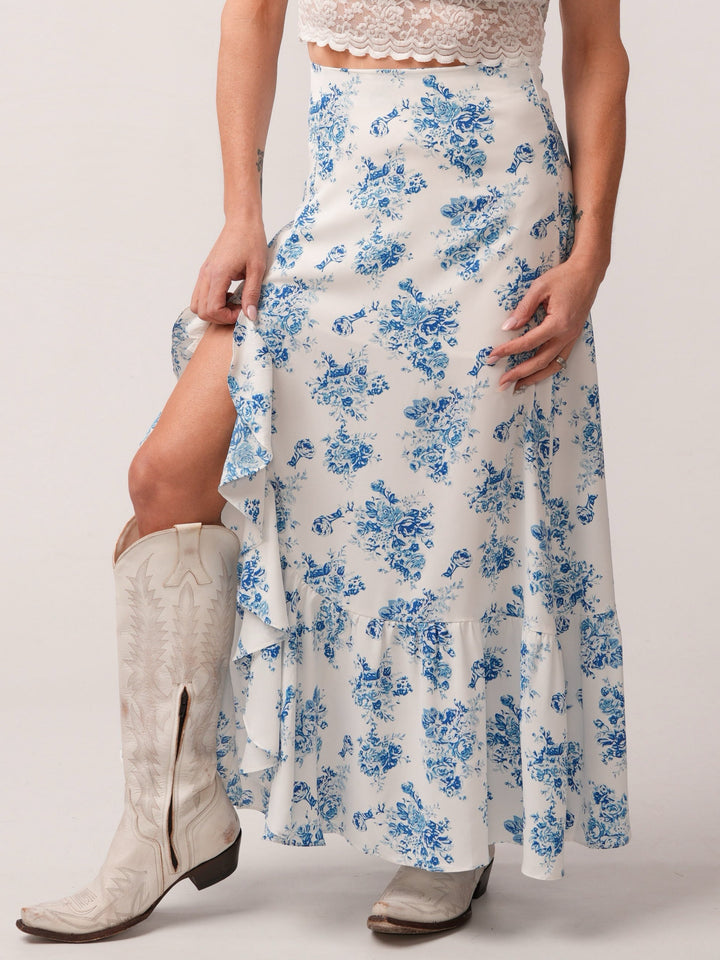High Waist Ruffle Floral Maxi Skirt with Front Slit