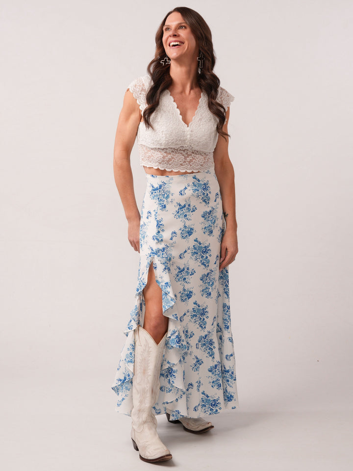 High Waist Ruffle Floral Maxi Skirt with Front Slit