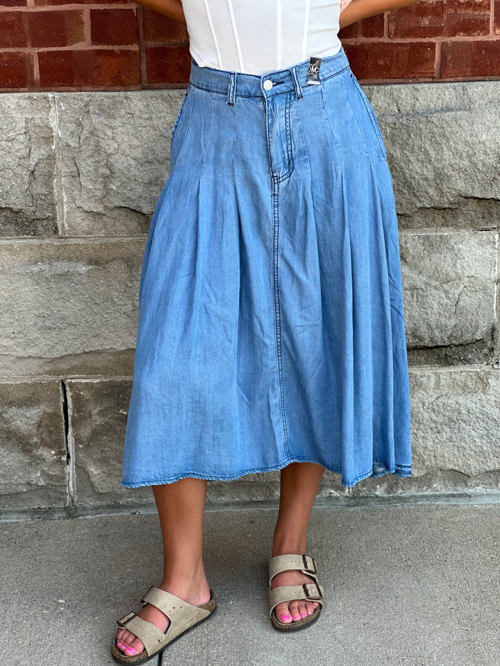 Pleated High Low Tencel Midi Skirt
