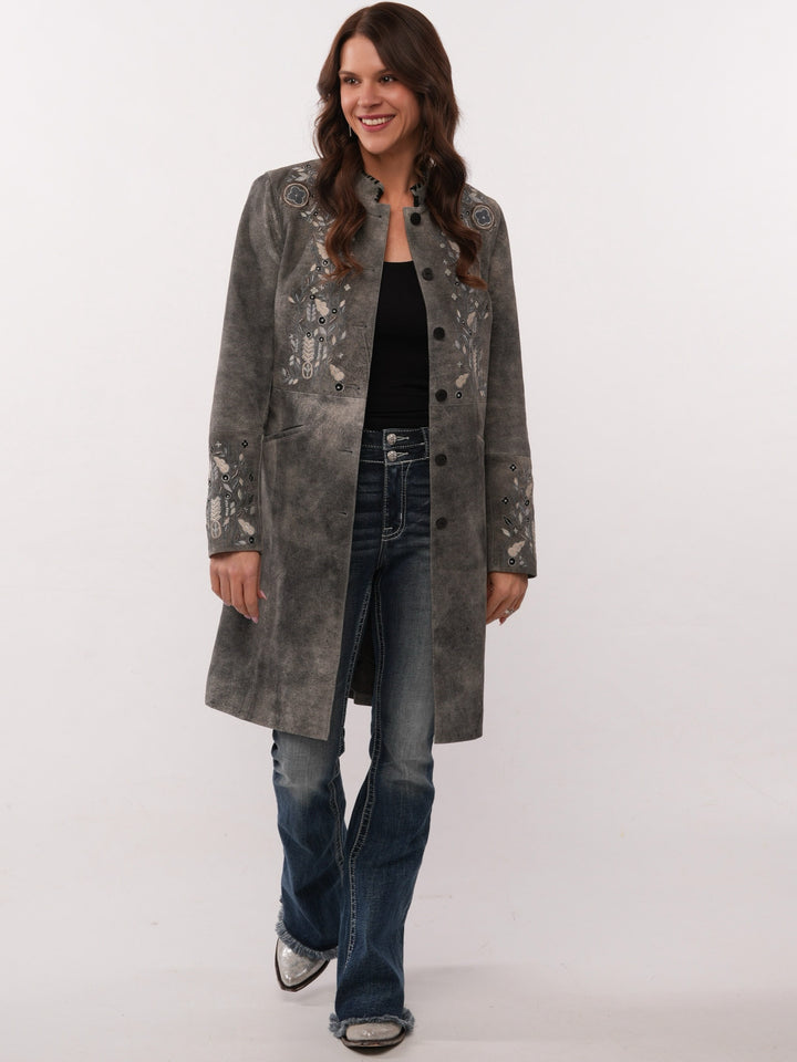 Floral Embroidery Leather Knee Length Jacket
