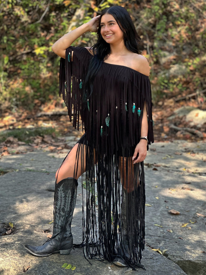 Feather & Fringe Peasant Body-con Mini Dress
