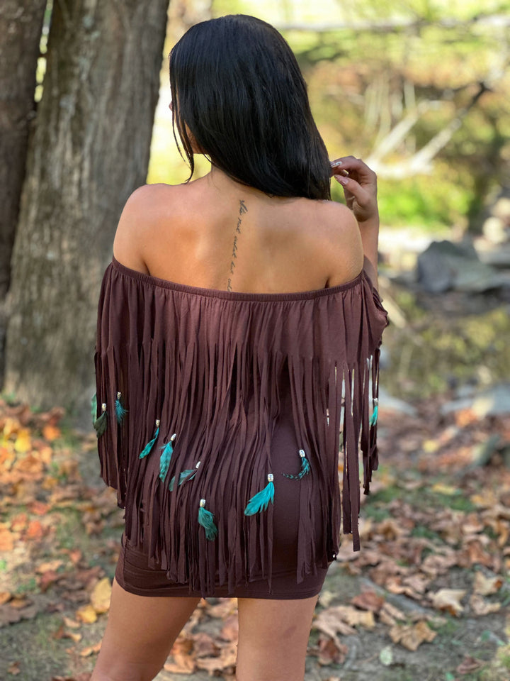 Feather & Fringe Peasant Body-con Mini Dress