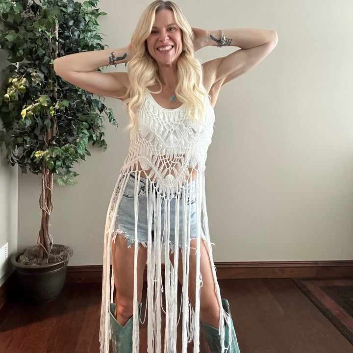 Long Fringe Hem Crochet Top