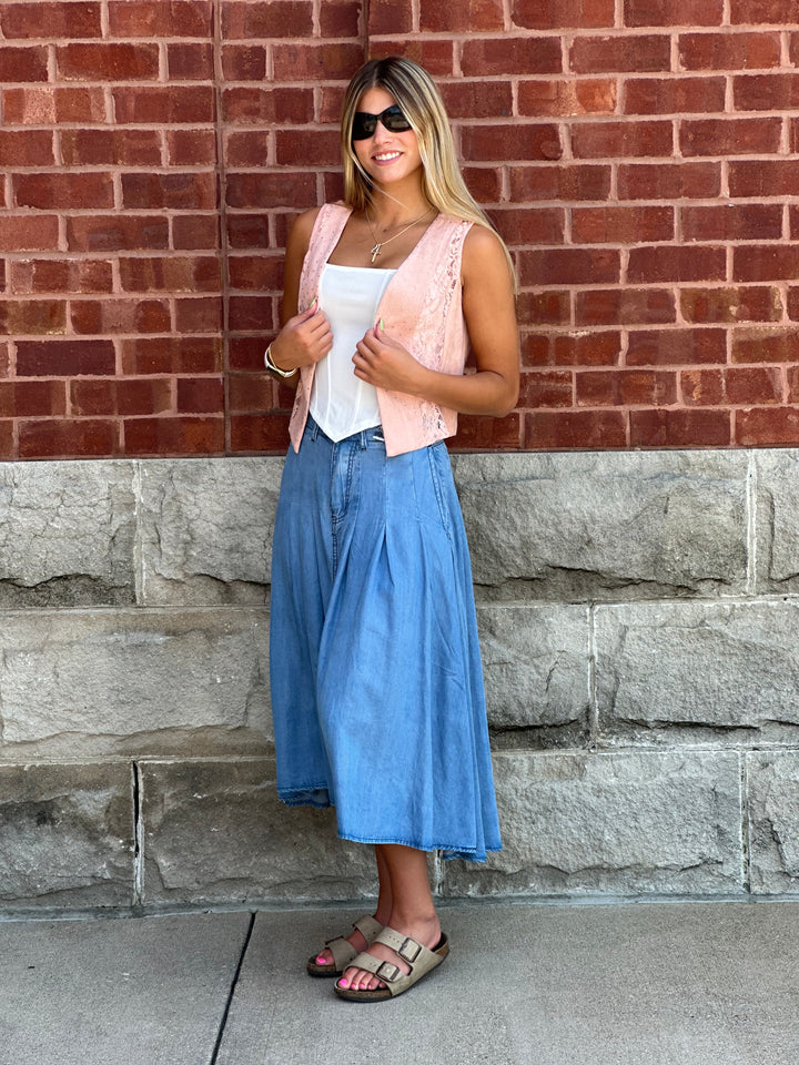 Pleated High Low Tencel Midi Skirt