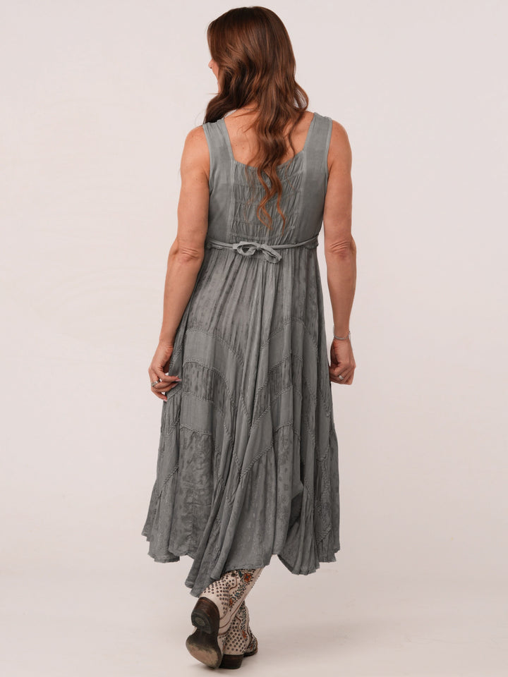 Ash Grey Lace Up Front Tiered Midi Dress