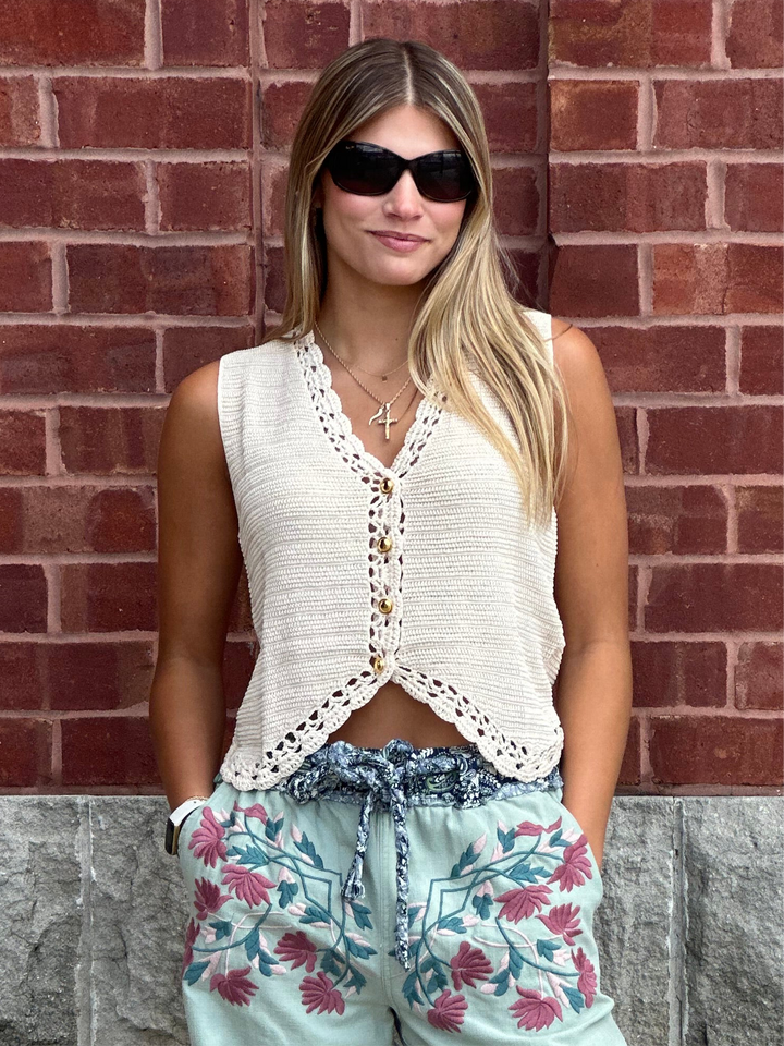 Crochet Trimmed Button Down Sweater Vest