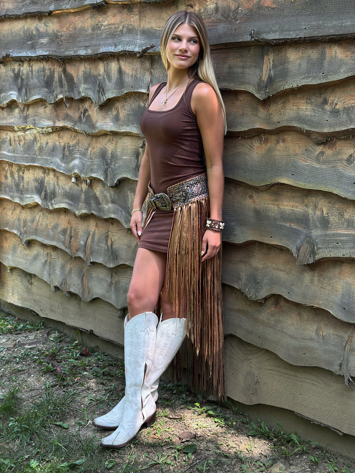 Kurtman Mocha Fringe Skirt Western Belt