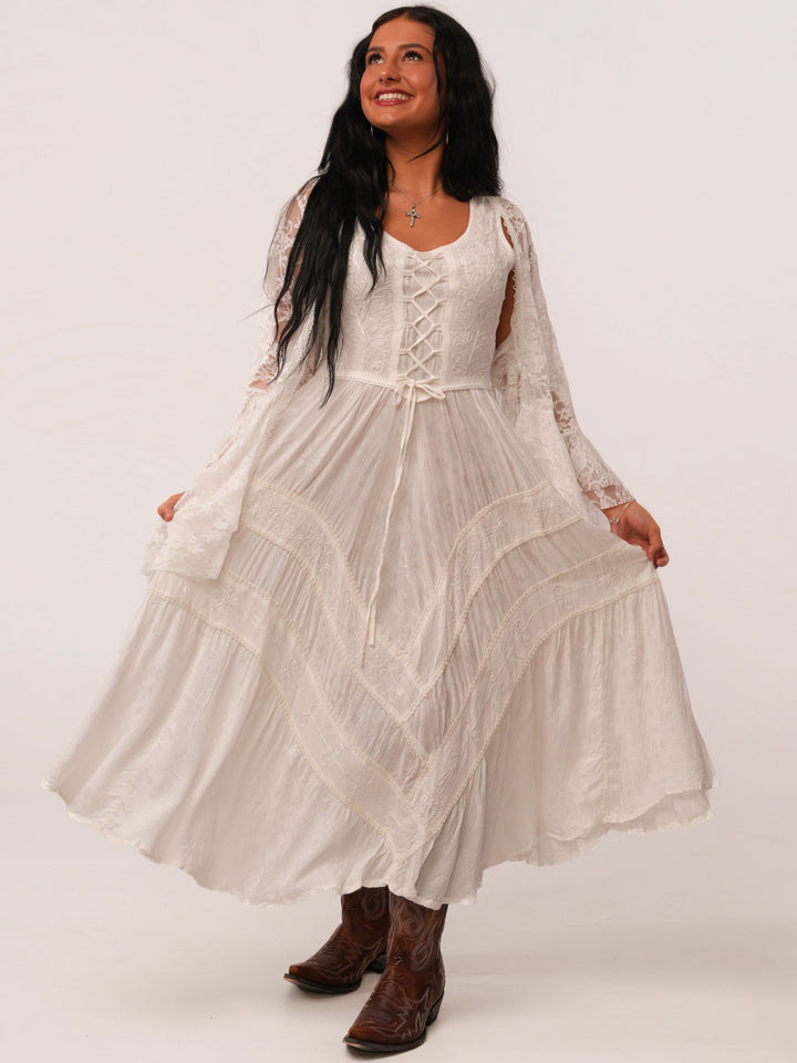 White Lace Up Front Tiered Midi Dress