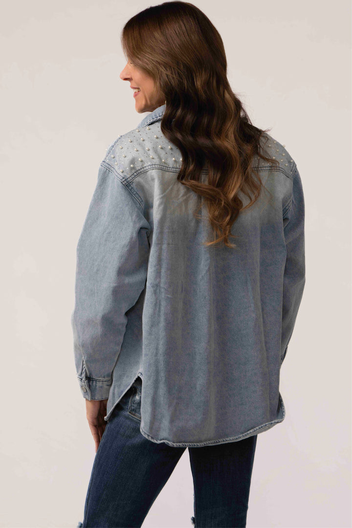 Pearl & Rhinestone Denim Button Up Jacket