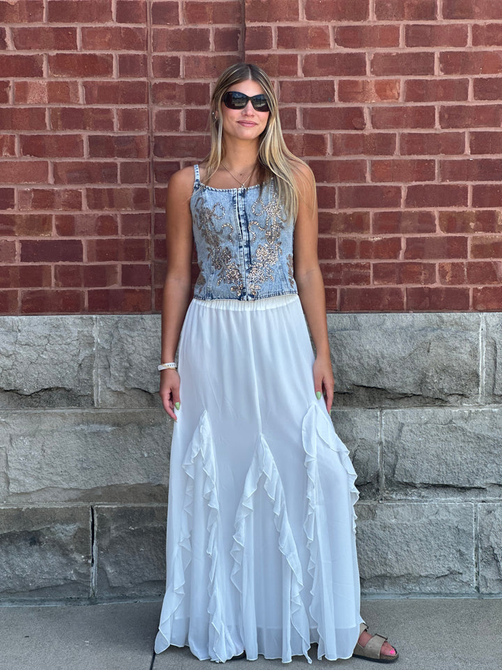 White Ruffle Maxi Skirt