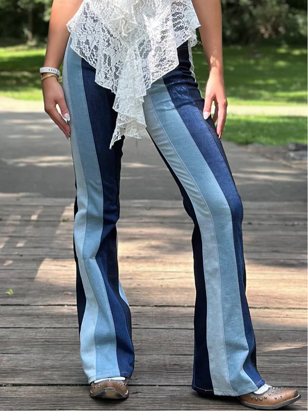 Striped Denim Color Block Flare Jeans