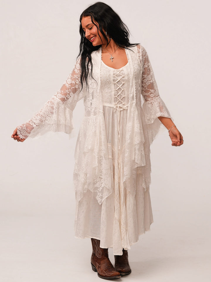 White Lace Up Front Tiered Midi Dress