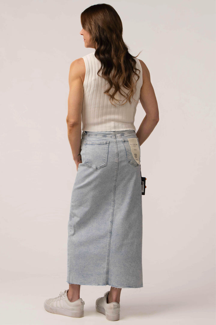 Risen High Rise Crossover Denim Maxi Skirt