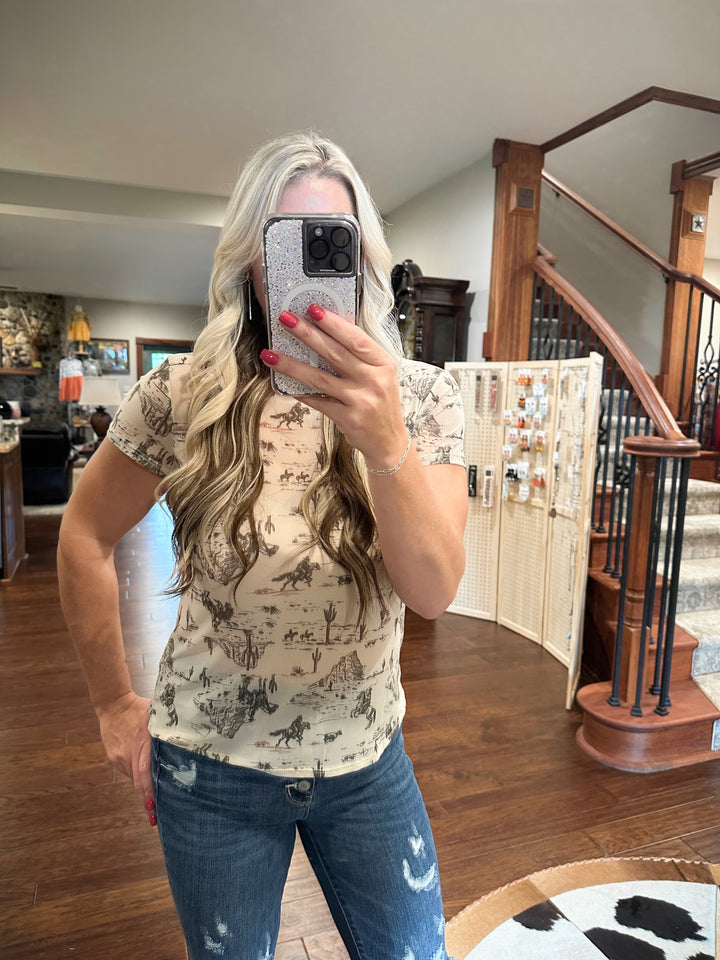 Cowboy Travel Print Mesh Top - Salt and Grace Boutique