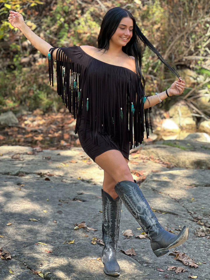 Feather & Fringe Peasant Body-con Mini Dress