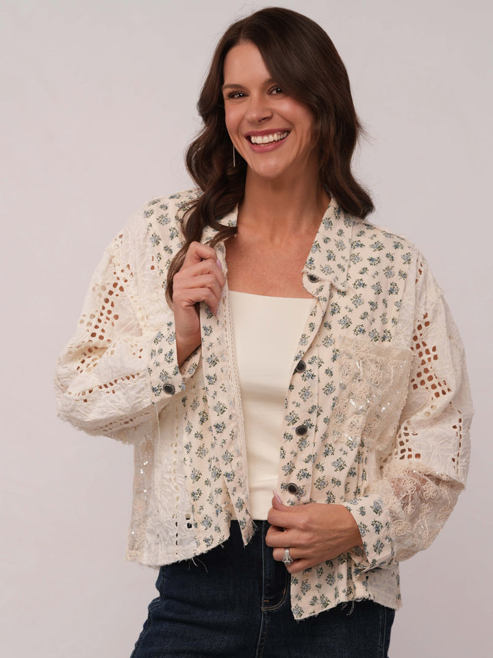 POL Floral Crochet Button Down Top
