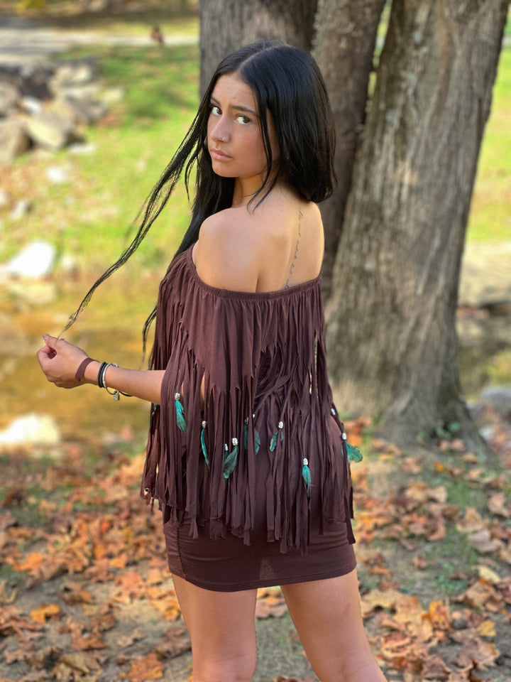 Feather & Fringe Peasant Body-con Mini Dress
