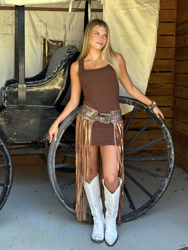 Kurtman Mocha Fringe Skirt Western Belt