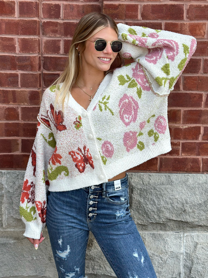 POL Butterfly Blossom Button-Down Cardigan
