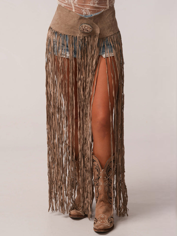 Lainey Long Fringe Cognac Western Belt