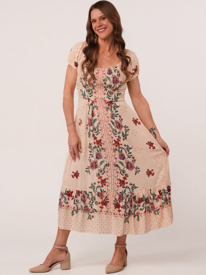 Ivory Floral Smocked Back Maxi Dress