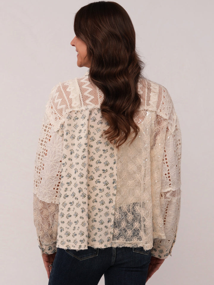 POL Floral Crochet Button Down Top