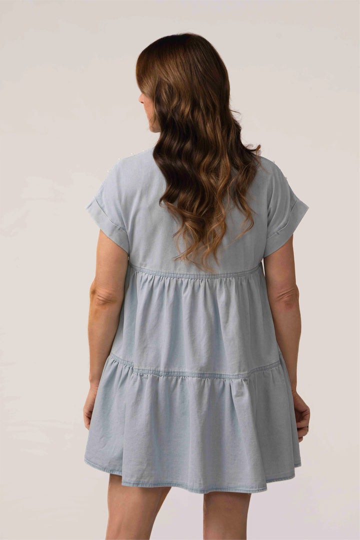 Cute and Charming Pearl & Rhinestone Loose Fit Denim Dress
