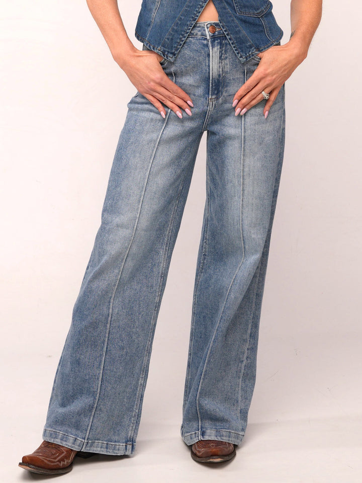 Risen High Waist Wide Leg Pintuck Jeans