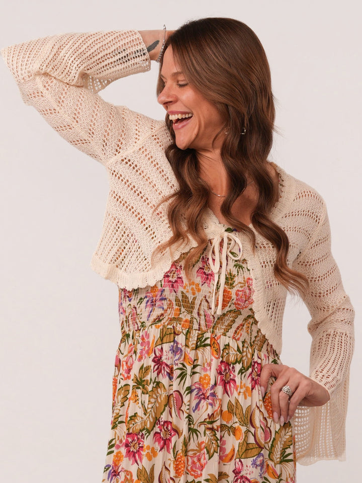 Ivory Bell Sleeve Tie Front Cropped  Cardigan