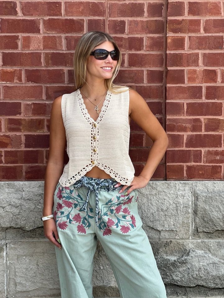 Crochet Trimmed Button Down Sweater Vest