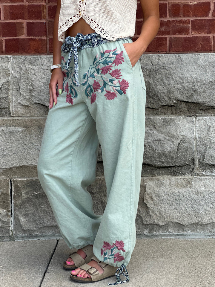 Boho Floral Embroidery Pants