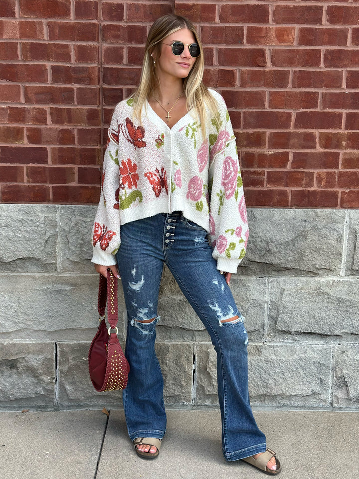 POL Butterfly Blossom Button-Down Cardigan