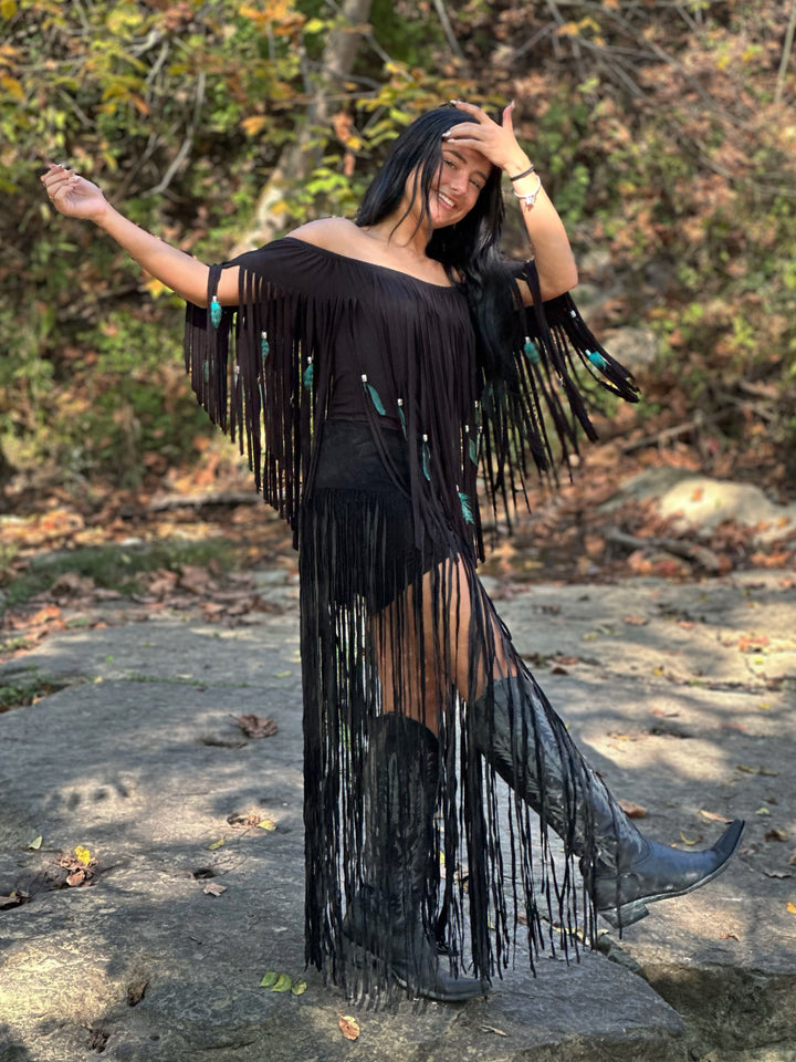 Feather & Fringe Peasant Body-con Mini Dress