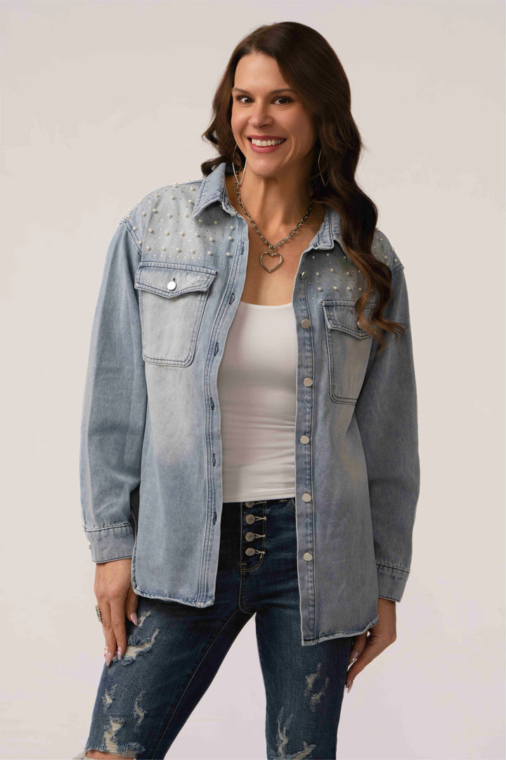 Pearl & Rhinestone Denim Button Up Jacket