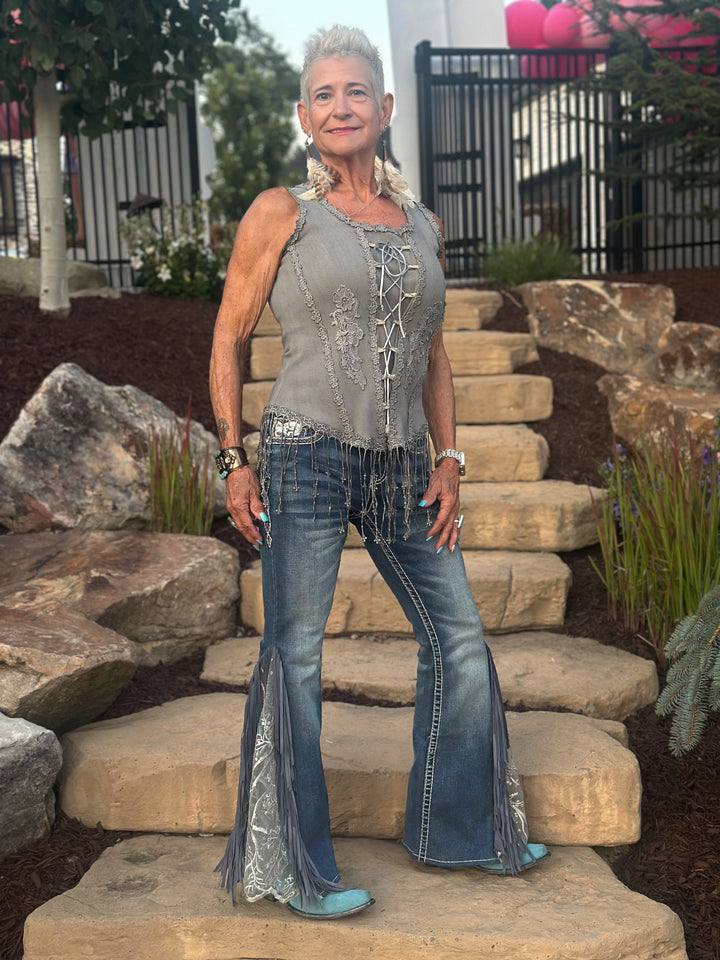 Lace Inset with Fringe Flare Jeans