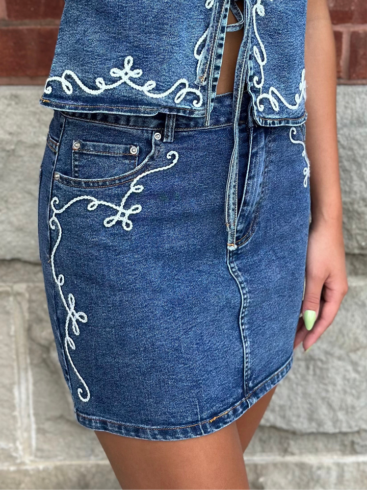 Embroidered Detail Denim Mini Skirt